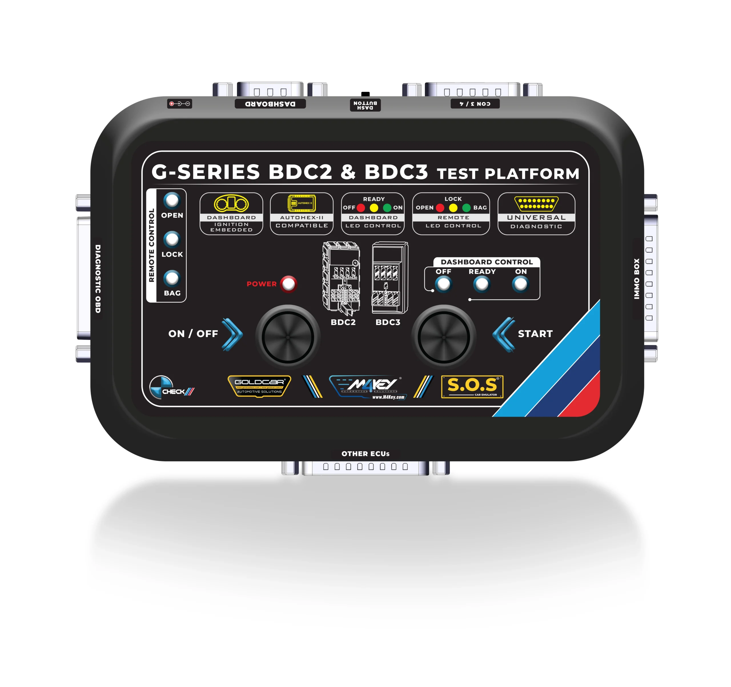 Front panel of the bench test platform for BMW G-Series BDC2 and BDC3 modules. Shows controls (ON/OFF, START), LED indicators, and connection ports for key programming, coding, and "All Keys Lost" testing. Compatible with professional tools like Autohex, VVDI, Autel, and S.O.S. BMW G-Series BDC2 and BDC3 Bench Test Platform - Main Front Panel View